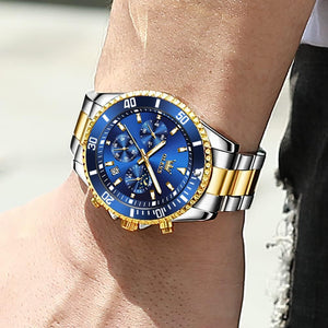 Watches for Men Stainless Steel Analog Quartz Chronograph Moon Phase Watch Waterproof Date Luminous, Blue