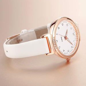 Ladies Sports Watch Casual Watch Crystal Accented Leather Strap Watch Analog Display, White