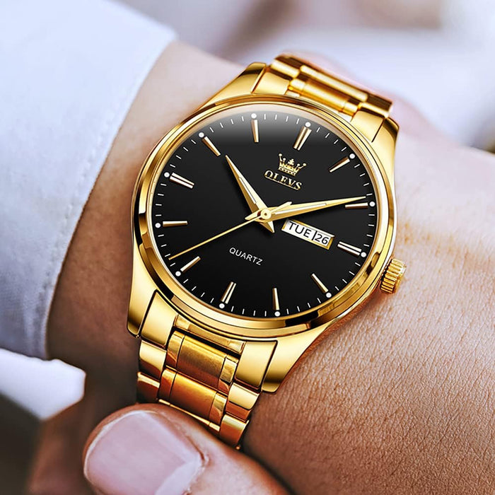 Classic Men Watches with Date,Stainless Steel Man Watch with Date, Bussiness Watches for Men, Gold Black Dial