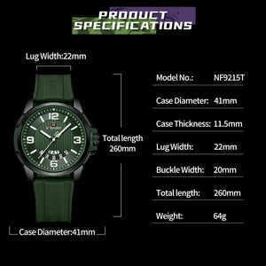 Waterproof Watch for Men Women, Analog Auto Date Military Sports Unisex Wristwatch,Silicone Strap, Green