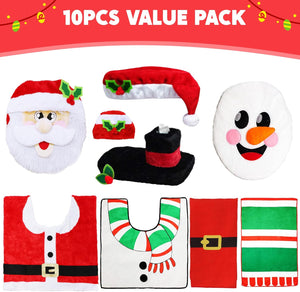2 Set 5 Pieces Christmas Theme Bathroom Decoration Set w/Toilet Seat Cover, Rugs, Tank Cover, Toilet Paper Box Cover and Santa Towel for Xmas