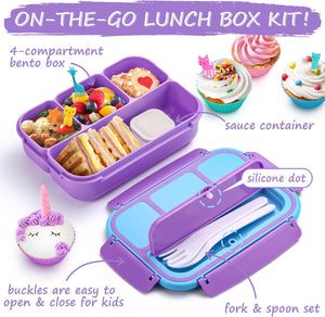 Bento Lunch Box with 4 Compartments, Sauce Container, Utensils, Food Picks and Muffin Cups for School - Purple