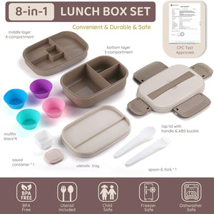 Stackable Bento Lunch Container for Adults Kids, 3 Layer Portable Lunch Containers with Utensils, Brown