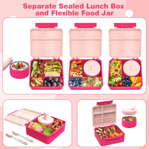 Bento Lunch Box with 8oz Soup Thermo, Kids Leakproof Lunch Food Containers with 4 Compartment, Pink