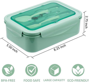 1100 ML Bento Lunch Box For Kids Childrens With Spoon & Fork, BPA-Free and Food-Safe Materials (Green)