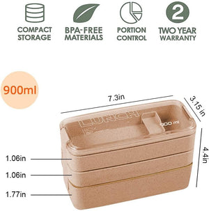 Stackable Bento Box, 3-In-1 Compartment - Wheat Straw, Leakproof Bento Lunch Box Meal Prep Containers, Khaki