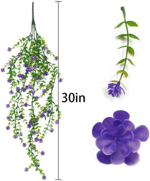 2Pcs Artificial Eucalyptus Leaf Rattan Fake Hanging Plant Faux Greenary Vine Outdoor UV Resistant Plastic Plants, Purple