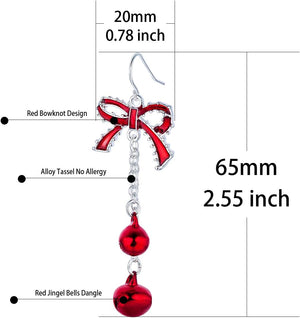 Lightweight Christmas Red Bow Knot Piercing Dangle Earrings Jingle Tassels Silver Plated Women Holiday Gift