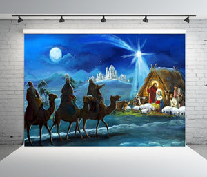 7x5ft Nativity Scene Backdrop Christmas Night Starlight Holy Family and Three Kings Desert Manger Birth of Jesus Backdrop