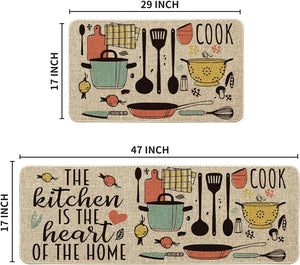 The Kitchen is The Heart of The Home Kitchen Mats Set of 2, Seasonal Cooking Sets Holiday, 17x29 and 17x47 Inch, Beige