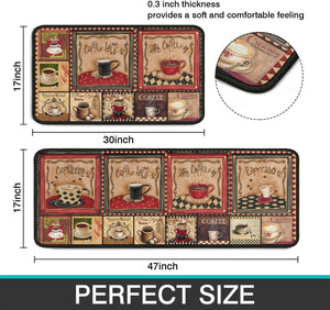 2 Piece Coffee Kitchen Decor Rug Set, Home Kitchen Sink Rugs and Mats Non Skid, 17"x47"+17"x30", Coffee