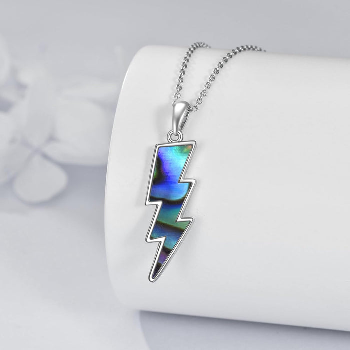 Lightning Bolt Necklace 925 Sterling Silver White Opal Thunder/Reversible Boomerang Pendant, abalone shell