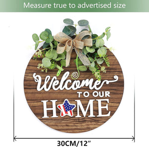 Interchangeable Seasonal Welcome Sign Front Door Decoration, Rustic Round Wood Wreaths Wall Hanging Outdoor, 12 inches