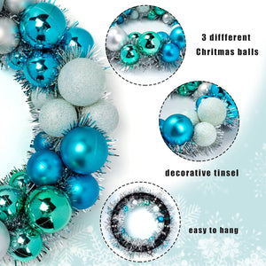 Christmas Ball Wreath, 13 Inch Glitter Ball Garland Shatterproof Ball Ornaments Blue Silver Tinsel for Front Door Hanging Decoration