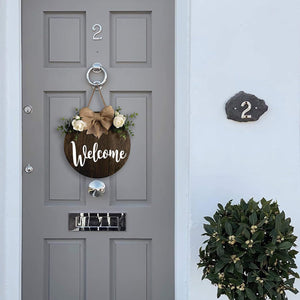 Welcome Wreaths Decor Sign Front Door, Round Wood Hanging Sign with Ribbon Bow and Artificial Green Leaves