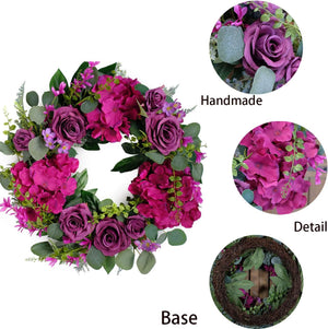 Artificial Purple Rose Wreath 20 inches Front Door Wreath with Hydrangea Green Leaves Wreath Artificial Spring Wreath