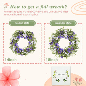 18" Spring Wreaths for Front Door Summer Wreath with Purple Pansy Flowers Green Eucalyptus Leaves