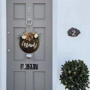 Blessed Wreaths Decor Sign Front Door, Round Wood Hanging Sign with Ribbon Bow and Artificial Green Leaves