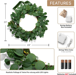 Eucalyptus Wreath for Front Door, 24 Inch Door Wreath with Lights, 80 LED Lights, Battery Operated