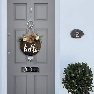 Hello Wreaths Decor Sign Front Door, Round Wood Hanging Sign with Ribbon Bow and Artificial Green Leaves