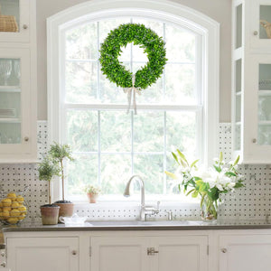 Artificial Boxwood Wreath Decoration - 15" Spring Wreath with White Seeds and Silk Ribbon for Front Door