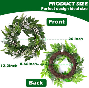 20 inch Spring Wreaths for Front Door with White Berries,Handmade Green Leaves Wreath for All Seasons