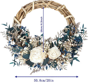 20Inch Blue Dried Flowers Natural Wreath, Door Wreaths for Front Door Outside All Season Farmhouse