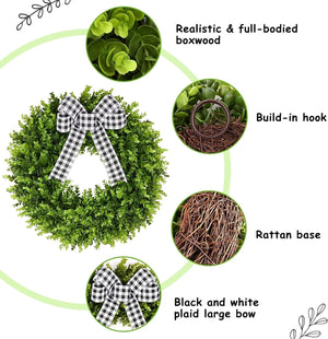 Artificial Boxwood Wreath Front Door Wreaths Artificial Spring Summer Greenery Hanging with A Plaid Bowand Sash