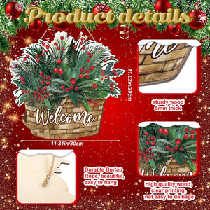 Christmas Hanging Sign for Front Door Christmas Welcome Wreath Door Decorations Red Berries Hanging Porch