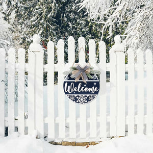 Blue Welcome Winter Front Door Sign Wreath(11.4”), Wooden 3D Welcome Home Decoration Wall Hanging with Plaid Bow Snowflake