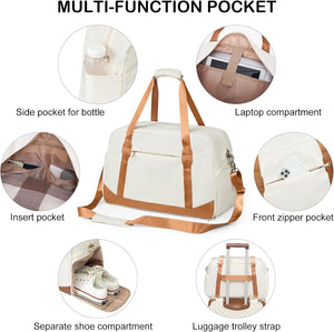 Women's Travel Duffel Bag with Toiletry Bag, Sports Gym Bag Weekendeer Carry-on Tote with Shoe Compartment, Beige-Brown