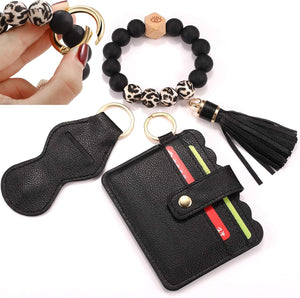 Wristlet Keychain Bracelet Wallet, Silicone Bead keyring Bangle for Women, Black