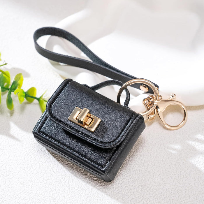 Miniature Leather Handbag Keychain Small Bag Keychain headphone bag Purse Charm Accessories, Black