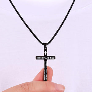 Bible Verse Cross Necklace for Men, Stainless Steel Mens Necklace, Black/Gold/Silver Tone Cross Pendant for Men