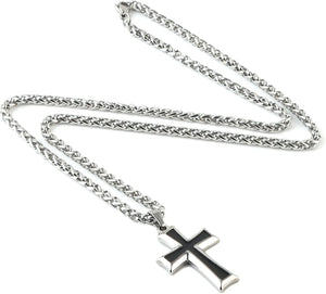 Mens Stainless Steel Cross Pendant Necklace with Wheat Chain