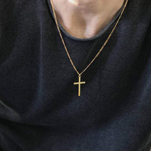 14K Gold Filled Cross Necklace for Men Figaro Chain Stainless Steel Plain Polished Cross Pendant