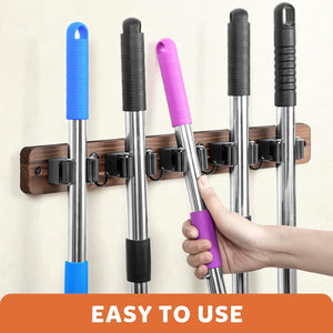 Broom Holder Wall Mount, Wood Broom Holder with 5 Racks and 4 Hooks Broom Organizer, Laundry Room Organization