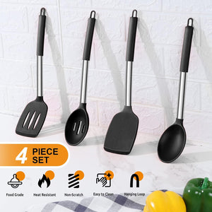 Cooking Utensils Set of 4, Silicone Kitchen Utensils for Non-stick Cookware, Heat Resistant & Non-toxic Slotted Spatula Solid Spoon Turner for Flipping Mixing Serving Basting(Black)