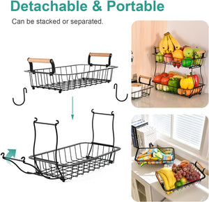 2 Tier Fruit Basket with 2 Banana Hangers, Countertop Fruit Vegetable Basket Bowl for Kitchen Counter Metal Wire Storage Basket Fruits Stand Holder Organizer for Bread Snack Veggies Produce