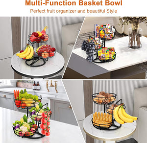 Fruit Basket Bowl with Banana Hanger, Fruit Vegetable Storage Basket with Banana Tree Holder for Kitchen Counter, Detachable Organizer for Bread Snack Produce (Black, 3-Tier Metal Base)