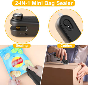 2 in 1 Mini Bag Sealer, Bag Sealer Heat Seal with Cutter, USB C Rechargeable Chip Bag Sealer Heat Seal, Portable Bag Resealer for Plastic Bags Snacks & Food Storage,Bright Black