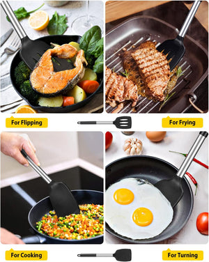 Pack of 2 Silicone Solid Turner, Non Stick Slotted Kitchen Spatulas, High Heat Resistant BPA Free Cooking Utensils, Ideal Cookware for Fish, Eggs, Pancakes (Black)