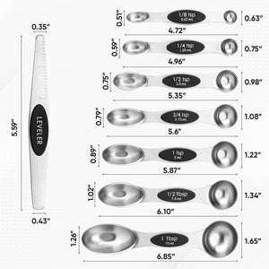 Magnetic Measuring Spoons Set with Strong N45 Magnets, Heavy Duty Stainless Steel Metal, Fits in Most Kitchen Spice Jars for Baking & Cooking, BPA Free, Black, Set of 8 with Leveler