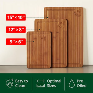 Wooden Cutting Boards for Kitchen Meal Prep & Serving - Bamboo Wood Serving Board Set with Deep Juice Groove Side Handles - Charcuterie & Chopping Butcher Block for Meat (3 Pcs)