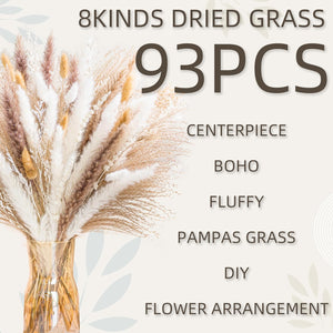 Natural Pampas Grass 8kind Grass Mix Bouquet | Dried Pampas Bouquet for Wedding Boho Flowers Home Table Decor Desk Decor, Rustic Farmhouse Decor (93PCS)