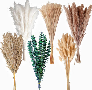 110 PCS of Boho Pampas Grass Decor, Naturally Dried Pompas, Bunny Tails Dried Flowers, and dried eucalyptus. Perfect for Weddings, Boho Party Decorations, and Table Decor