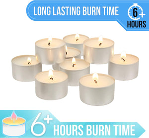 100 Count White Unscented Smokeless Long Burning Tea Light Candles with 6-7 Hour Burn Time