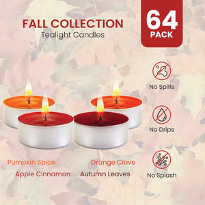 64 pcs - Scented Tea Lights Candles - 4 Fragrances - Apple Cinnamon, Pumpkin Spice, Orange Clove, Autumn Leaves - Tea Light Candle Gift Sets