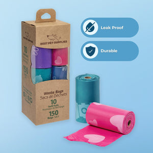 Dog Poop Bags for Waste (150 Bags) Refuse Cleanup, Doggy Roll Replacements for Outdoor Puppy Walking and Travel, Leak Proof and Tear Resistant, Thick Plastic - Assorted Colors