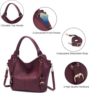 Purses for Women Large Shoulder Handbag Tote PU Leather Hobo Crossbody Bag Ladies Wallet Set 4pcs, Winered